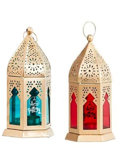 PALMY PALMY Moroccan Gala Gold Glass BlueRed Iron HangingTable LanternLamp Size 17 cm X 10 cm Pack of 2 