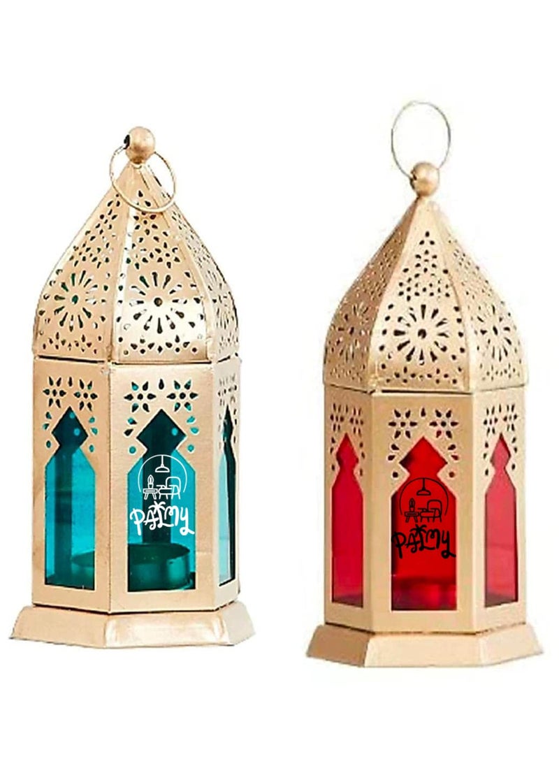 PALMY PALMY Moroccan Gala Gold Glass BlueRed Iron HangingTable LanternLamp Size 17 cm X 10 cm Pack of 2 