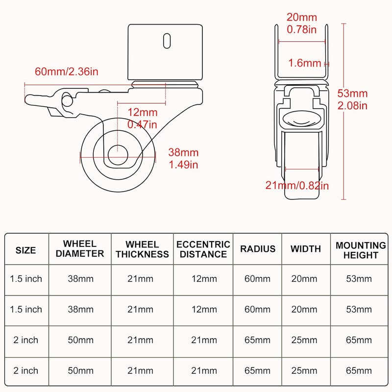 CPROSP 4 Movable Wheels with Brake Swivel Rubber U Wheels Diameter 38 mm Wheels for Trolley Plate Opening 20 mm with Brake Bearings 60 kg for Shelves Small Flower Swivel Wheels - Image 2