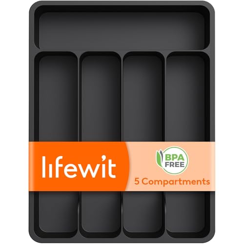 Lifewit منظم درج أدوات المائدة من لايف ويت، حافظة أدوات المائدة البلاستيكية لدرج المطبخ، فاصل لحامل أدوات المائدة والشوك والسكاكين، 5 أقسام، أسود - Image 1