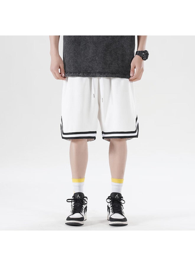 Izexx American-style Sports Shorts For Men, Summer Loose Basketball Pants, Breathable Quick-dry Casual Knee-length Shorts Iz56 White M - Image 4