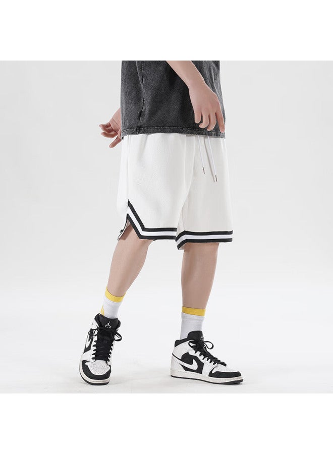 Izexx American-style Sports Shorts For Men, Summer Loose Basketball Pants, Breathable Quick-dry Casual Knee-length Shorts Iz56 White M - Image 5
