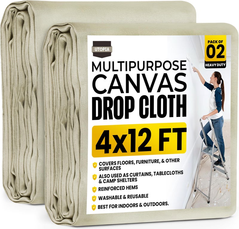Utopia Home Utopia Drop Cloth for Painting (4x12 ft, 2 Pack) Washable and Reusable Canvas Fabric for Furniture & Floor Protection Highly Absorbent Paint Cover - Duck Dropcloth for Outdoor and Indoor Use - Image 1