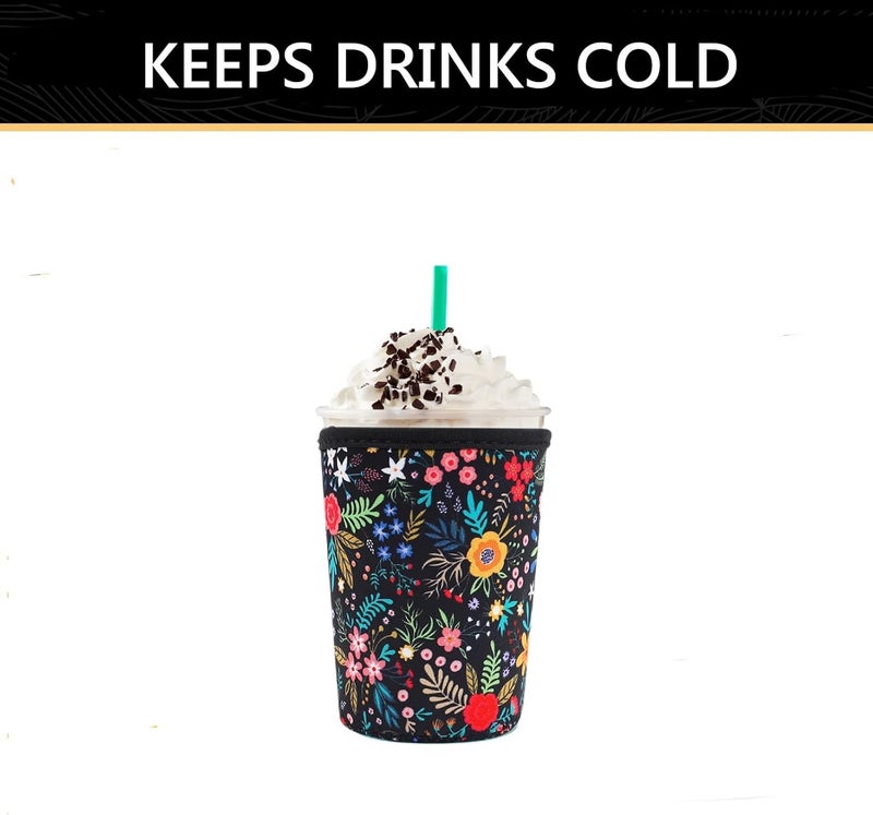 واي آر Reusable Neoprene Insulator Sleeve for Iced Coffee Cups, 3 Pack Coffee Coolies sleeves for Iced  Hot Drinks, Cold Beverage Cooler Compatible with Starbucks Coffee and More (Little Flower) - Image 4