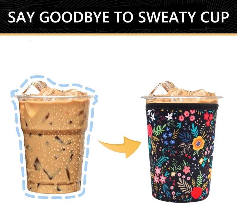 واي آر Reusable Neoprene Insulator Sleeve for Iced Coffee Cups, 3 Pack Coffee Coolies sleeves for Iced  Hot Drinks, Cold Beverage Cooler Compatible with Starbucks Coffee and More (Little Flower) - Image 3