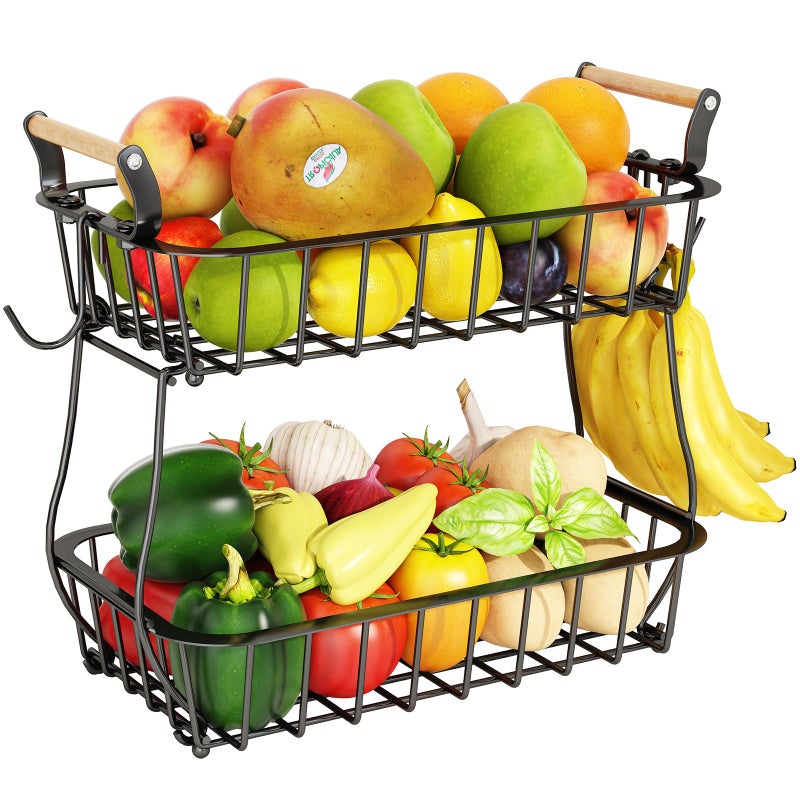 ANTOPY 2 Tier Fruit Basket with 2 Banana Hangers Countertop Fruit Vegetable Basket Bowl for Kitchen Counter Metal Wire Fruits Storage Stand Holder Organizer for Bread Snack Veggies Produce