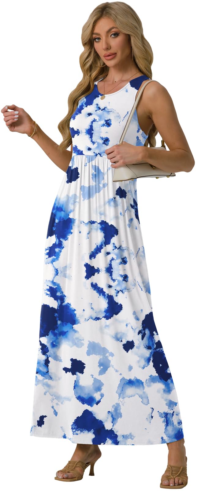GRECERELLE Women's Summer Sleeveless Casual Long Tank Maxi Dress with Pockets, Flower White Ink Blue, L - Image 3