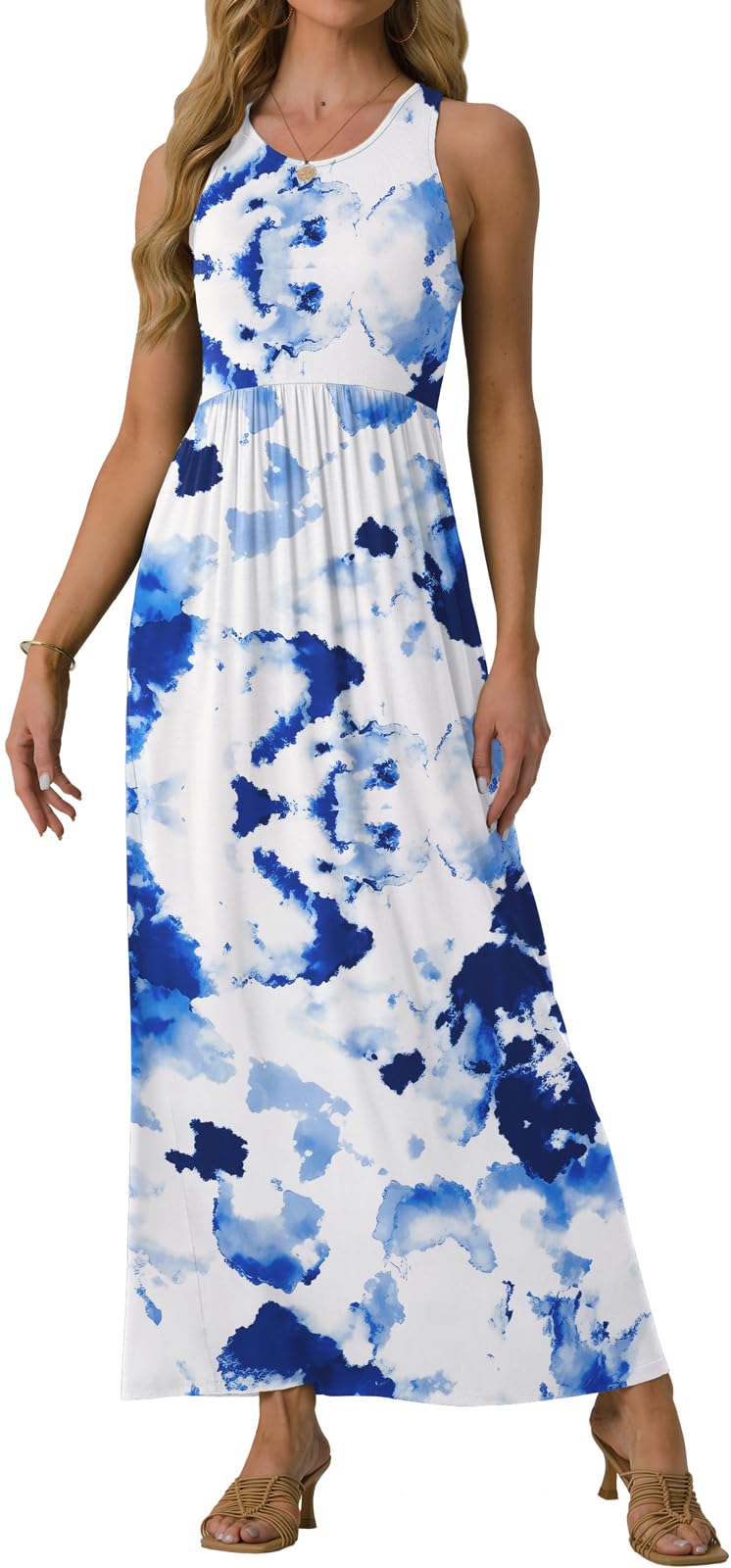 GRECERELLE Women's Summer Sleeveless Casual Long Tank Maxi Dress with Pockets, Flower White Ink Blue, L - Image 2