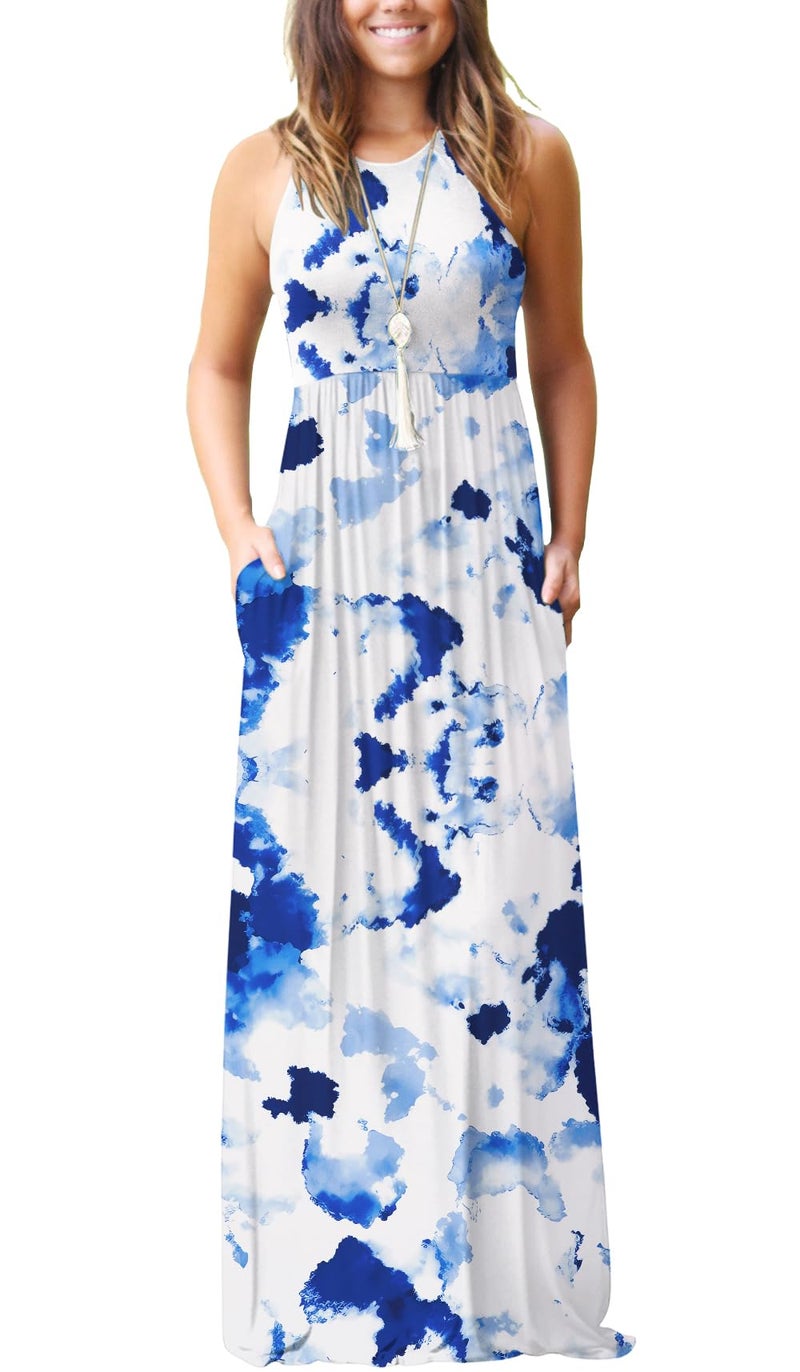GRECERELLE Women's Summer Sleeveless Casual Long Tank Maxi Dress with Pockets, Flower White Ink Blue, L - Image 1