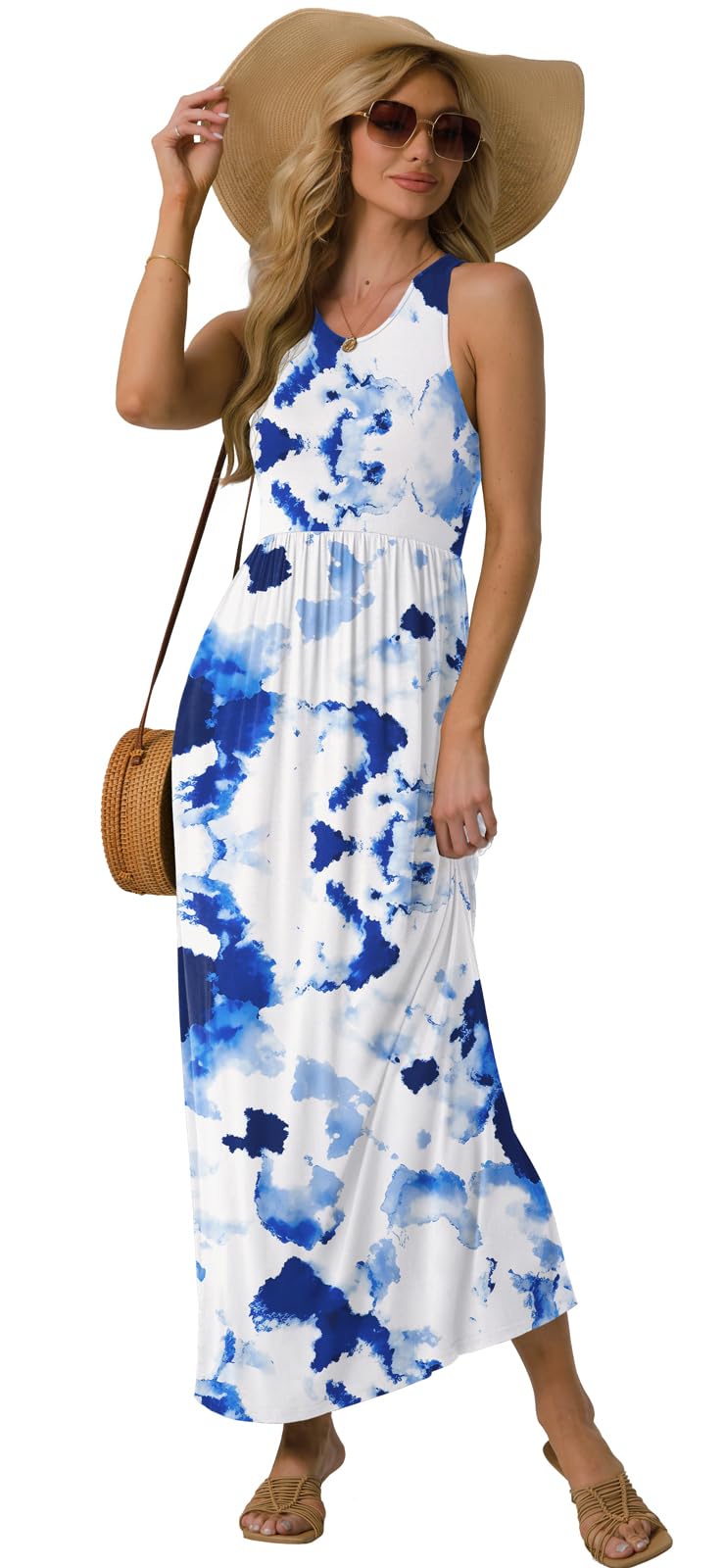GRECERELLE Women's Summer Sleeveless Casual Long Tank Maxi Dress with Pockets, Flower White Ink Blue, L - Image 5