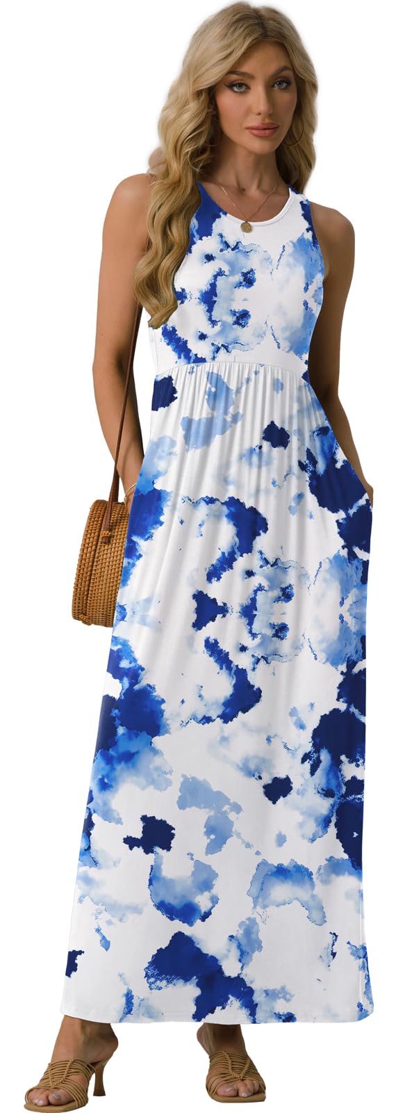 GRECERELLE Women's Summer Sleeveless Casual Long Tank Maxi Dress with Pockets, Flower White Ink Blue, L - Image 4