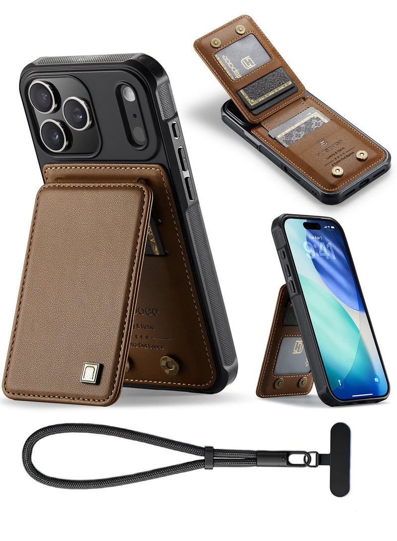 جراب محفظة Updown لهاتف iPhone 17 Pro، مزود بحامل بطاقات بخاصية حجب RFID، وحزام معصم مانع للسقوط، ومسند، وغطاء حماية مقاوم للصدمات من جلد البولي يوريثان (PU) الفاخر - لون بني. - Image 1