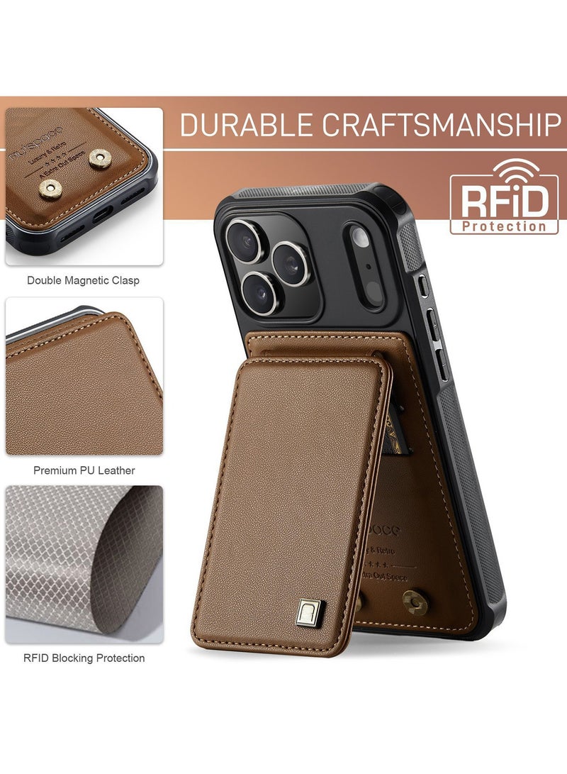 جراب محفظة Updown لهاتف iPhone 17 Pro، مزود بحامل بطاقات بخاصية حجب RFID، وحزام معصم مانع للسقوط، ومسند، وغطاء حماية مقاوم للصدمات من جلد البولي يوريثان (PU) الفاخر - لون بني. - Image 5