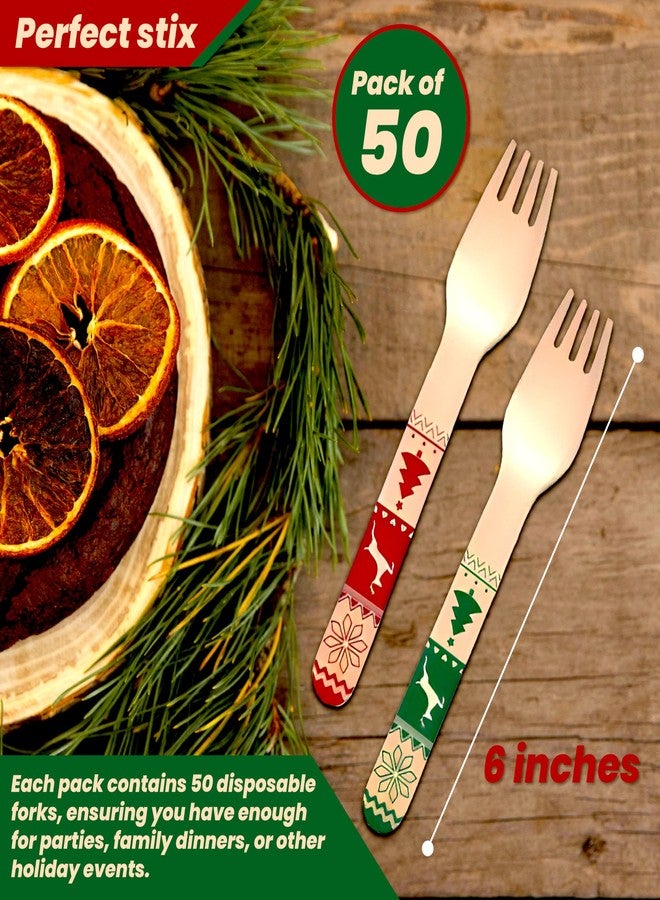 Perfect Stix شوكة خشبية مثالية للتخلص منها بتصميم عيد الميلاد. عبوة تحتوي على 50 قطعة. الألوان هي الأحمر والأخضر. شوكات خشبية مطبوعة بطول 6 بوصات. - Image 2