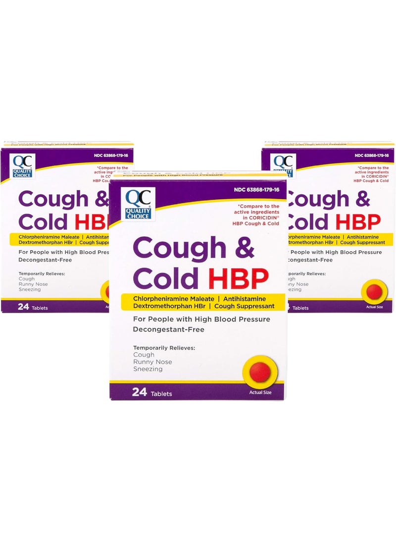 Quality Choice Quality Choice HBP Decongestant Free, Cough and Cold Medicine, High Blood Pressure Cold Relief, Acetaminophen, Gluten, & Sugar Free Tablets for Runny Nose, Cough, and Sneezing, 24ct - Pack of 3 
