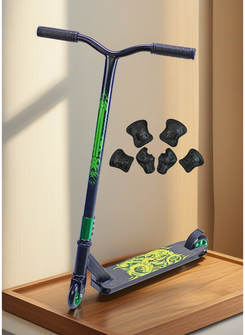 إيزي فيتشور سكوتر EASY FUTURE Freestyle Stunt - سكوتر احترافي ثنائي العجلات للحيل مع سطح قبضة من الألومنيوم، وعجلات معدنية 110 مم، وقضيب T عريض، وفرامل فولاذية، وحركات بهلوانية خفيفة الوزن 360 درجة، مثالي للمبتدئين إلى المتوسطين بما في ذلك مجموعة معدات الحماية - Image 1