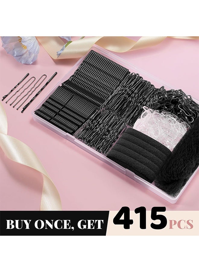 MXN 415 Pcs Hair Pins Kit with Case Box - 200 Pcs U Shaped Pins & Elastic Hair Ties, Long Hair Bobby Pins for Daily Styling and Hair Design, Great for All Hair Types(Black) - Image 5