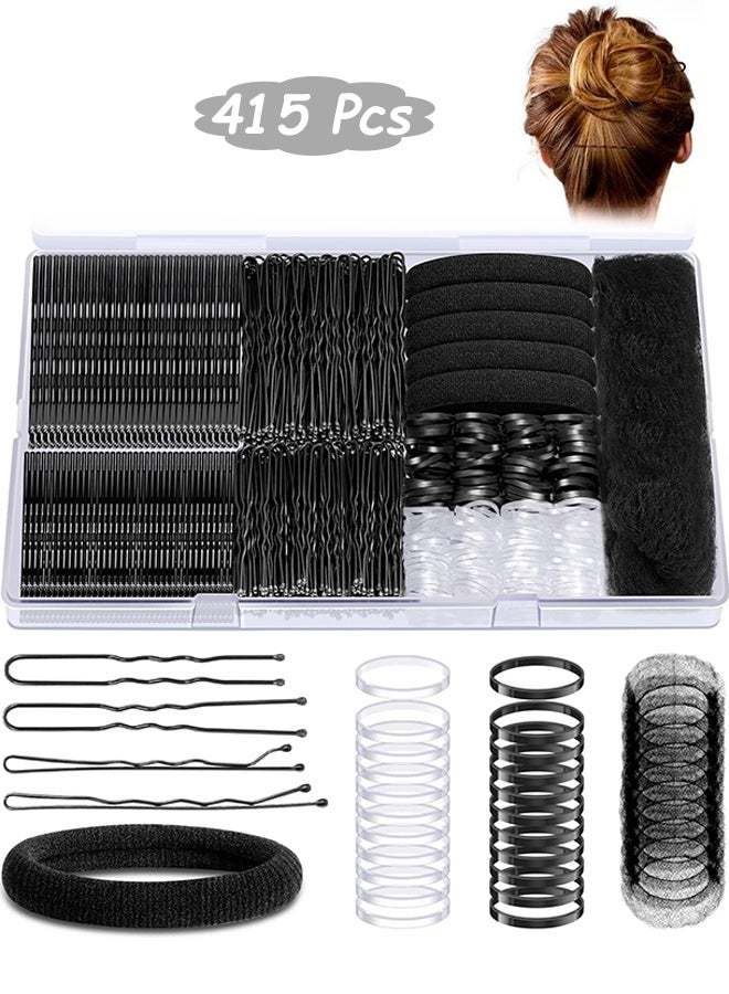 MXN 415 Pcs Hair Pins Kit with Case Box - 200 Pcs U Shaped Pins & Elastic Hair Ties, Long Hair Bobby Pins for Daily Styling and Hair Design, Great for All Hair Types(Black) - Image 1