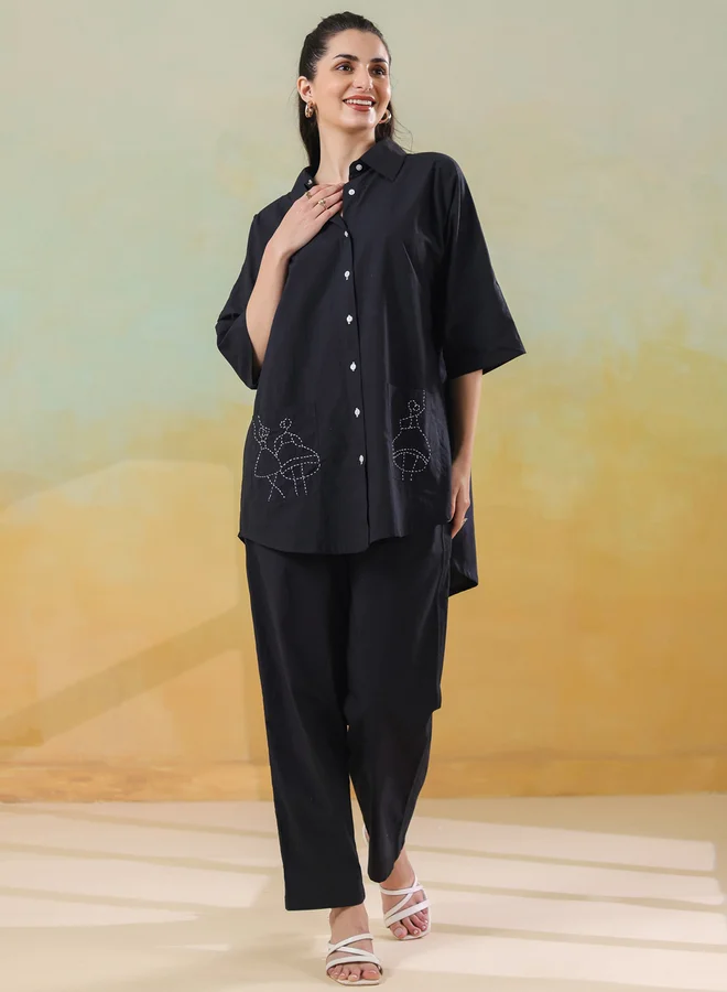 sanskrutihomes Sanskrutihomes Embroidered Spread Collar Cotton Shirt with Trousers Set