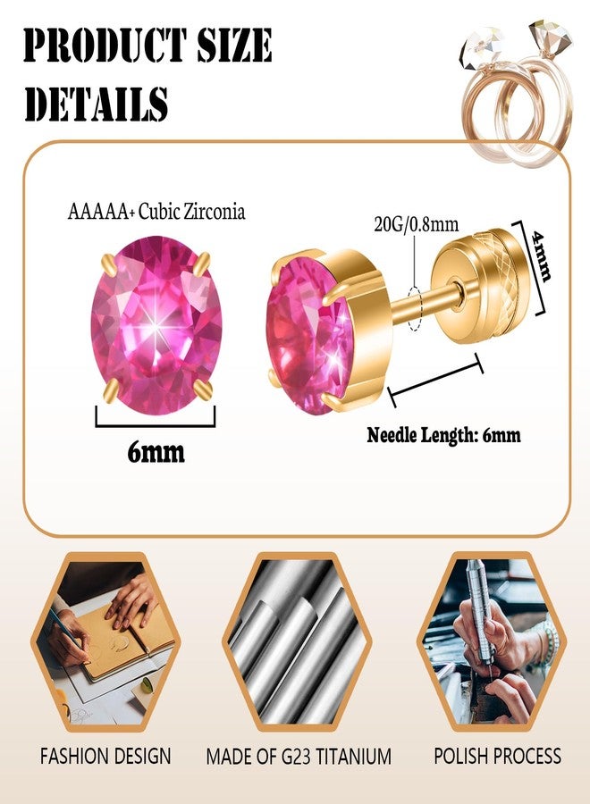Hopply Hypoallergenic G23 Implant Grade Pure Titanium Screw Back Earrings, 20G Flatback 5A Cubic Zirconia Earrings Double Side Studs, Suitable for Women Men Sensitive Ears Piercing Sleeper Jewelry (Rose Red CZ-6MM) - Image 2