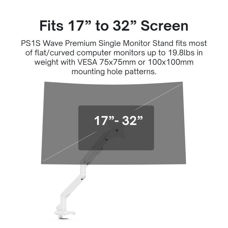 Pixio PS1S Wave White Single Monitor Arm Stand Desk Mount - Fits up to 32 inches Monitors and up to 19.8lbs. VESA Compatibility and Integrated Cable Management - Image 2