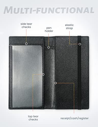 Yarnic Checkbook Cover for Personal Checkbook, Checkbook Holder with Pen Holder & Built-in Clear Plastic Divider for Duplicate Checks (Black) - Image 2