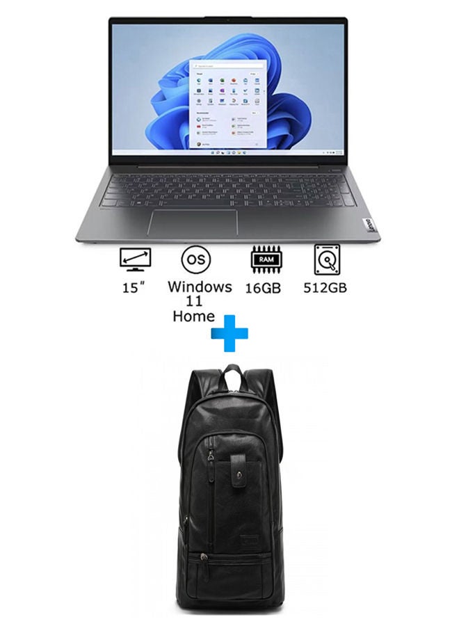 لينوفو لابتوب IdeaPad 5 بشاشة 15.6 بوصة FHD / معالج Core I5-1235U / 16 جيجابايت رام / 512 جيجابايت SSD / 2 جيجابايت Geforce Mx550 / ويندوز 11 / إنجليزي / عربي رمادي عاصف مع حقيبة ظهر جلدية غير رسمية سوداء - Image 1