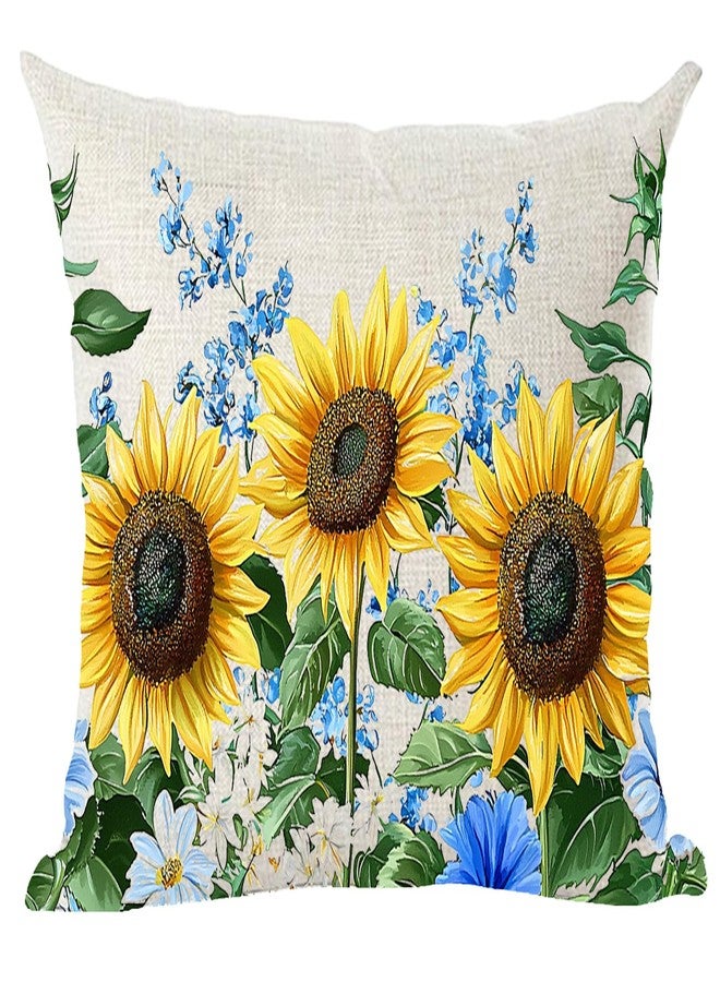 Ramirar Ink Painting Watercolor Yellow Sunflowers Blue Flowers Summer Decorative Throw Pillow Cover Case Home Living Room Bed Sofa Car Cotton Linen Square 18 x 18 Inches - Image 1