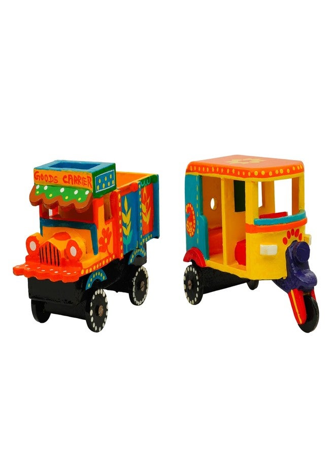 Toolart® Handmade and Hand-Painted Wooden Toy Auto & Truck Set (6 x 4.5 Inch Each) – Traditional Indian Design, Wooden Toys for Kids, Best Gift, Showpiece for Home Decor (Small_Auto_Truck_01) - Image 1
