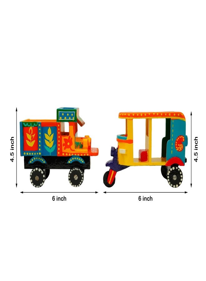 Toolart® Handmade and Hand-Painted Wooden Toy Auto & Truck Set (6 x 4.5 Inch Each) – Traditional Indian Design, Wooden Toys for Kids, Best Gift, Showpiece for Home Decor (Small_Auto_Truck_01) - Image 2