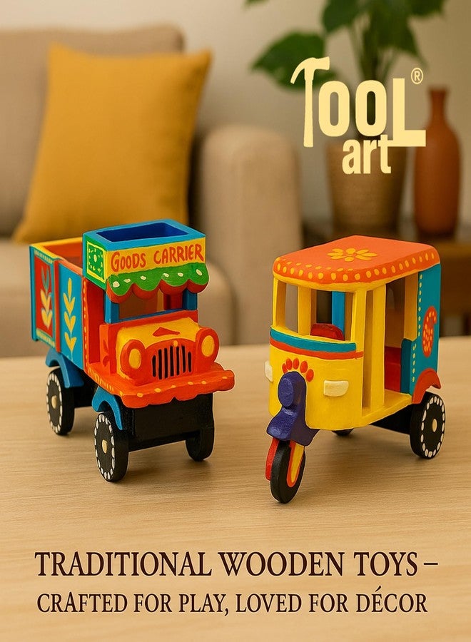Toolart® Handmade and Hand-Painted Wooden Toy Auto & Truck Set (6 x 4.5 Inch Each) – Traditional Indian Design, Wooden Toys for Kids, Best Gift, Showpiece for Home Decor (Small_Auto_Truck_01) - Image 3