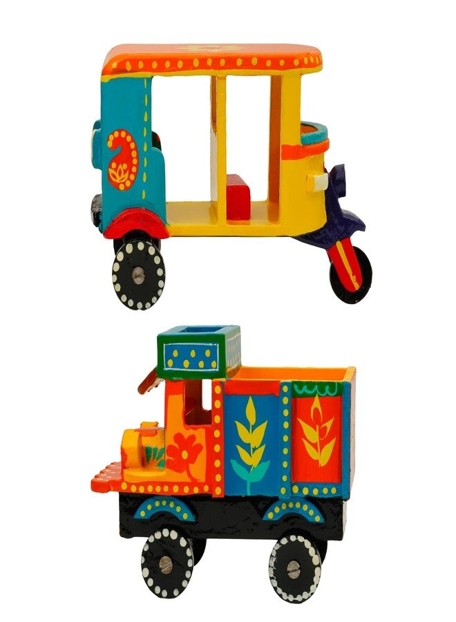 Toolart® Handmade and Hand-Painted Wooden Toy Auto & Truck Set (6 x 4.5 Inch Each) – Traditional Indian Design, Wooden Toys for Kids, Best Gift, Showpiece for Home Decor (Small_Auto_Truck_01) - Image 4