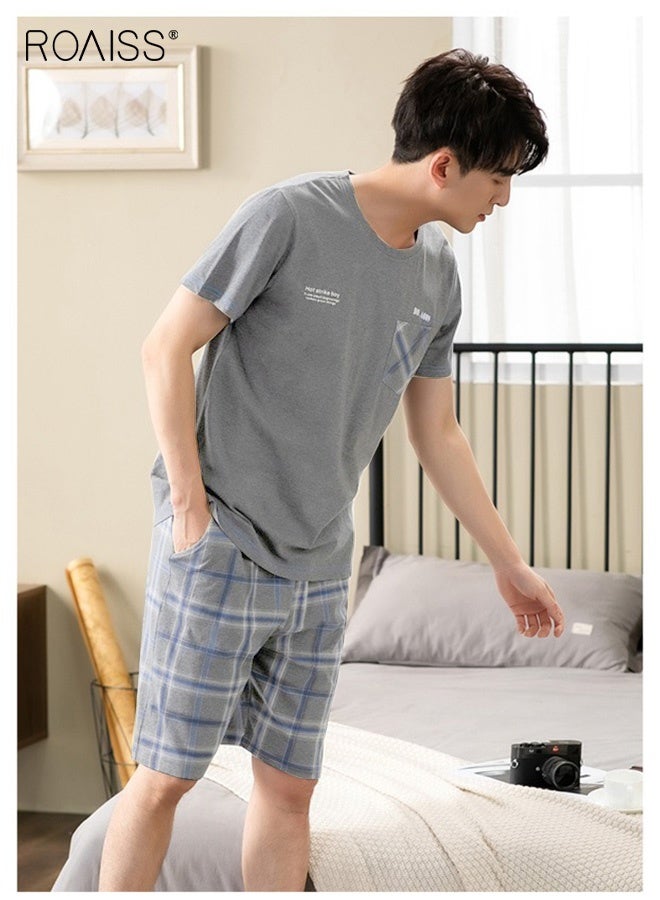 رويس طقم ملابس نوم رجالي مكون من قطعتين بأكمام قصيرة وشورت، بيجامات مودال فضفاضة ومريحة، ملابس منزلية، قماش لطيف على البشرة، تصميم ناعم ومتعدد الاستخدامات، رمادي - Image 5