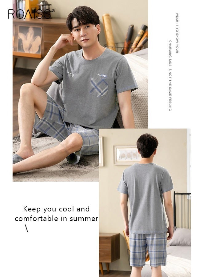 رويس طقم ملابس نوم رجالي مكون من قطعتين بأكمام قصيرة وشورت، بيجامات مودال فضفاضة ومريحة، ملابس منزلية، قماش لطيف على البشرة، تصميم ناعم ومتعدد الاستخدامات، رمادي - Image 4
