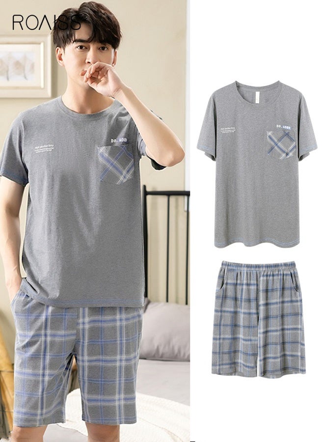 رويس طقم ملابس نوم رجالي مكون من قطعتين بأكمام قصيرة وشورت، بيجامات مودال فضفاضة ومريحة، ملابس منزلية، قماش لطيف على البشرة، تصميم ناعم ومتعدد الاستخدامات، رمادي - Image 1