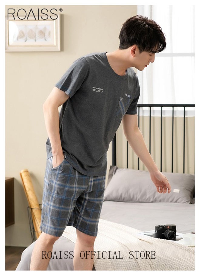 roaiss Men's 2 Piece Loungewear Set Short Sleeves and Shorts Modal Pajamas Loose Comfortable Homewear Skin Friendly Fabric Pajama Set Soft Versatile Design Grey  - Image 4