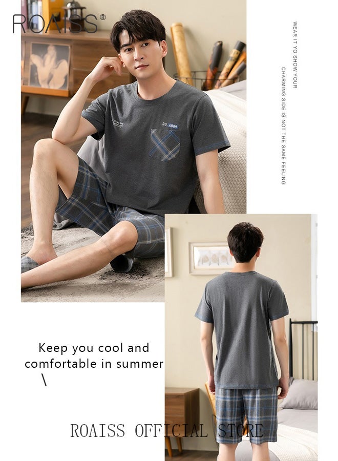 roaiss Men's 2 Piece Loungewear Set Short Sleeves and Shorts Modal Pajamas Loose Comfortable Homewear Skin Friendly Fabric Pajama Set Soft Versatile Design Grey  - Image 5