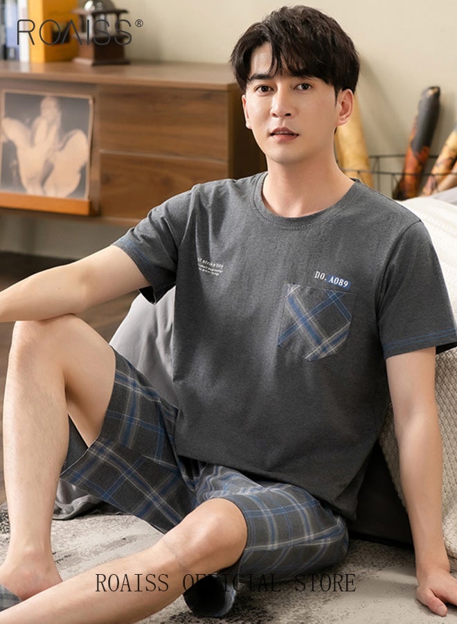 roaiss Men's 2 Piece Loungewear Set Short Sleeves and Shorts Modal Pajamas Loose Comfortable Homewear Skin Friendly Fabric Pajama Set Soft Versatile Design Grey  - Image 2