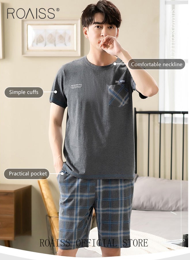 roaiss Men's 2 Piece Loungewear Set Short Sleeves and Shorts Modal Pajamas Loose Comfortable Homewear Skin Friendly Fabric Pajama Set Soft Versatile Design Grey  - Image 3