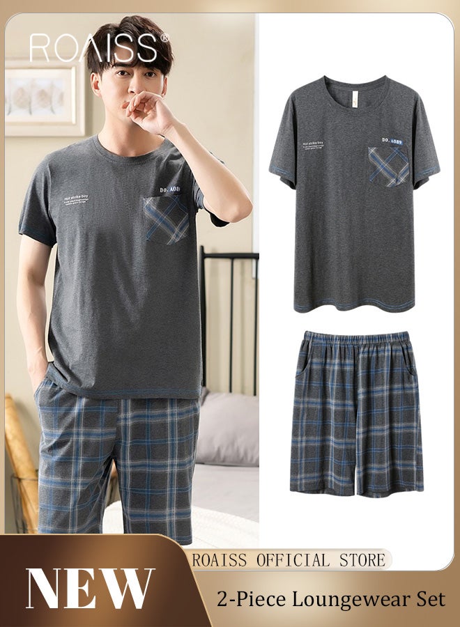 roaiss Men's 2 Piece Loungewear Set Short Sleeves and Shorts Modal Pajamas Loose Comfortable Homewear Skin Friendly Fabric Pajama Set Soft Versatile Design Grey  - Image 1