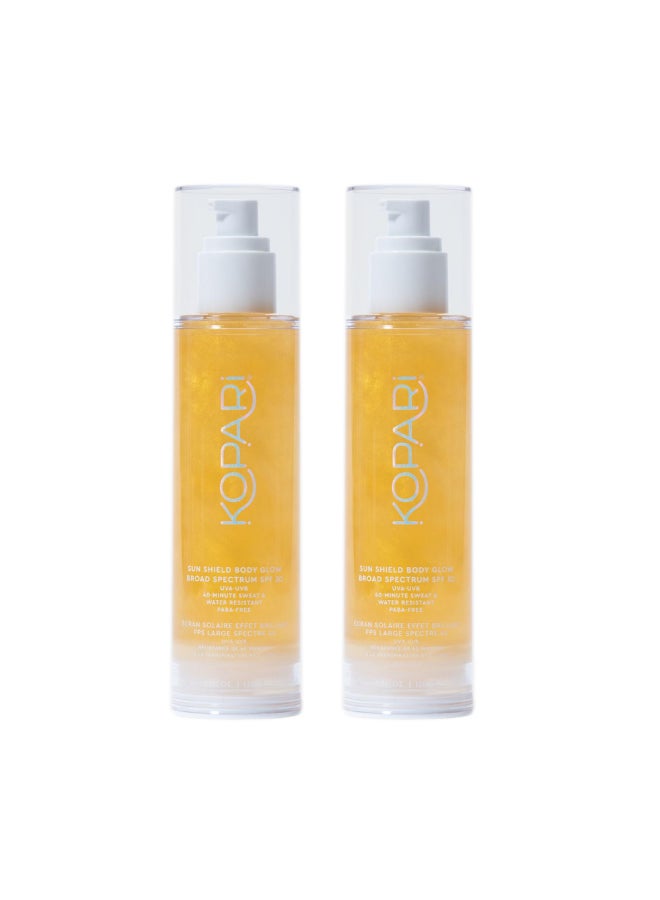 Kopari Sun Shield Body Glow Broad Spectrum SPF 50 Lightweight Shimmering Gel Texture Absorbs Quickly Non Sticky Glowing Results Gold 2 Pack - Image 2