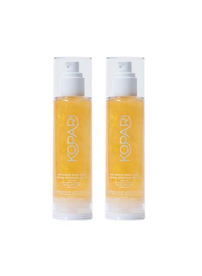 Kopari Sun Shield Body Glow Broad Spectrum SPF 50 Lightweight Shimmering Gel Texture Absorbs Quickly Non Sticky Glowing Results Gold 2 Pack - Image 1