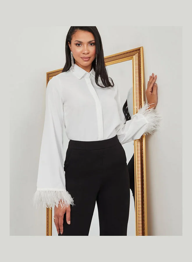 Styli Faux Feather Trim Concealed Placket Regular Fit Shirt