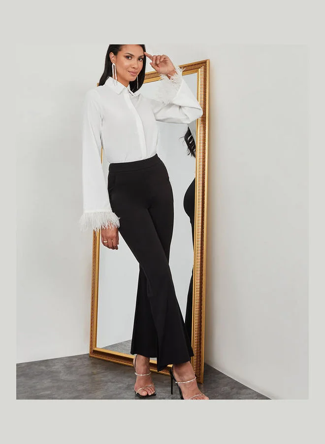 Styli Faux Feather Trim Concealed Placket Regular Fit Shirt