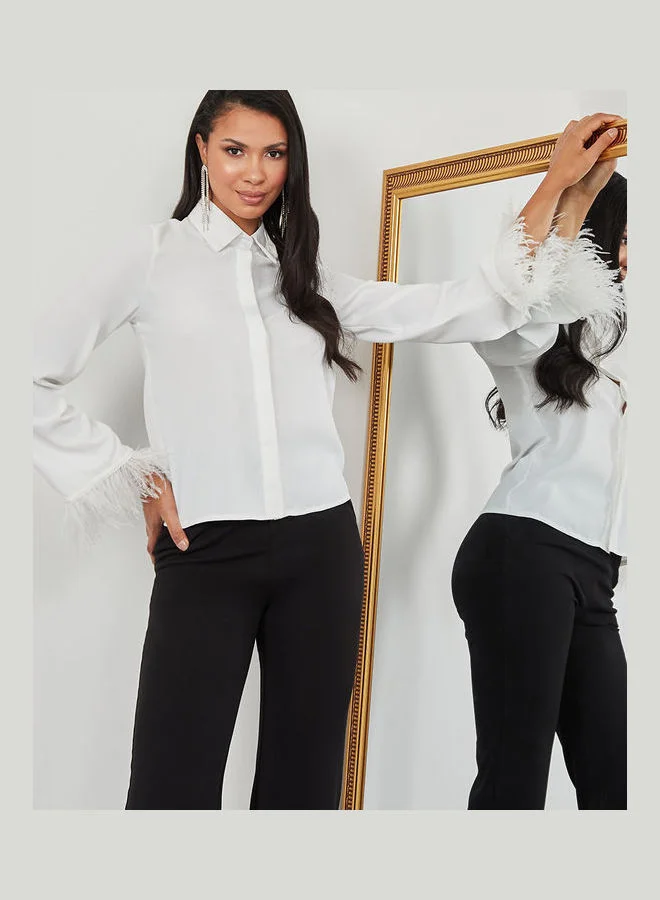 Styli Faux Feather Trim Concealed Placket Regular Fit Shirt
