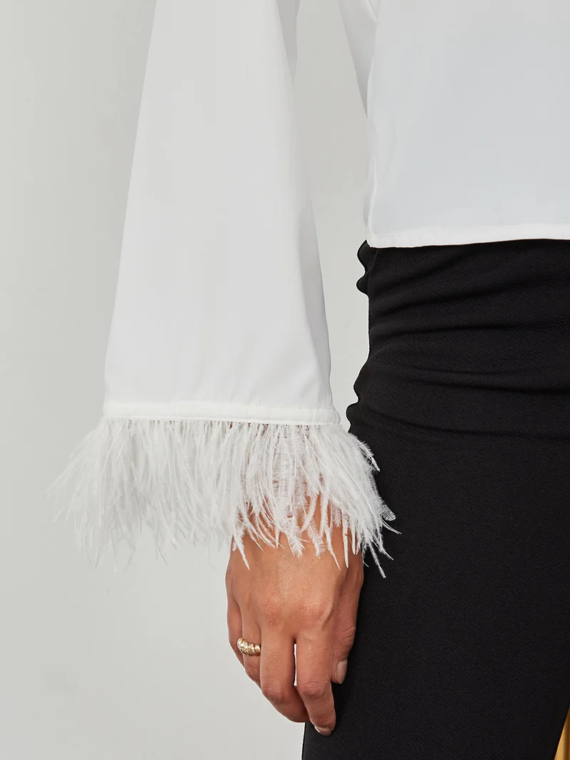 Styli Faux Feather Trim Concealed Placket Regular Fit Shirt