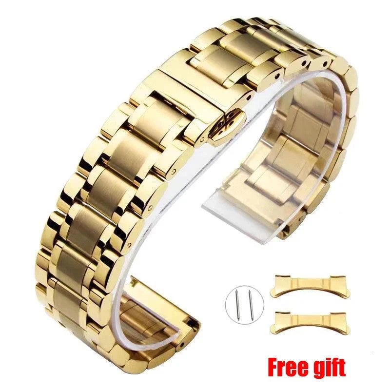 Bluejw Solid Stainless Steel Watch Band with Butterfly Buckle - Universal Replacement Bracelet Strap for Smart Watches - Arc/Straight End - Image 1