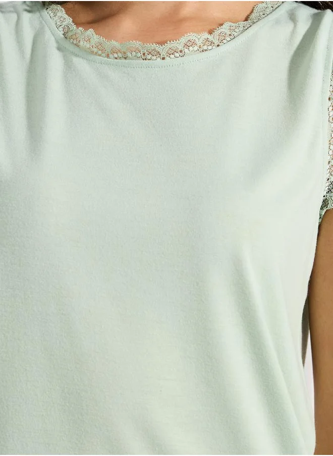 Styli Lace Trim Vest & Tropical Print Pyjama Set