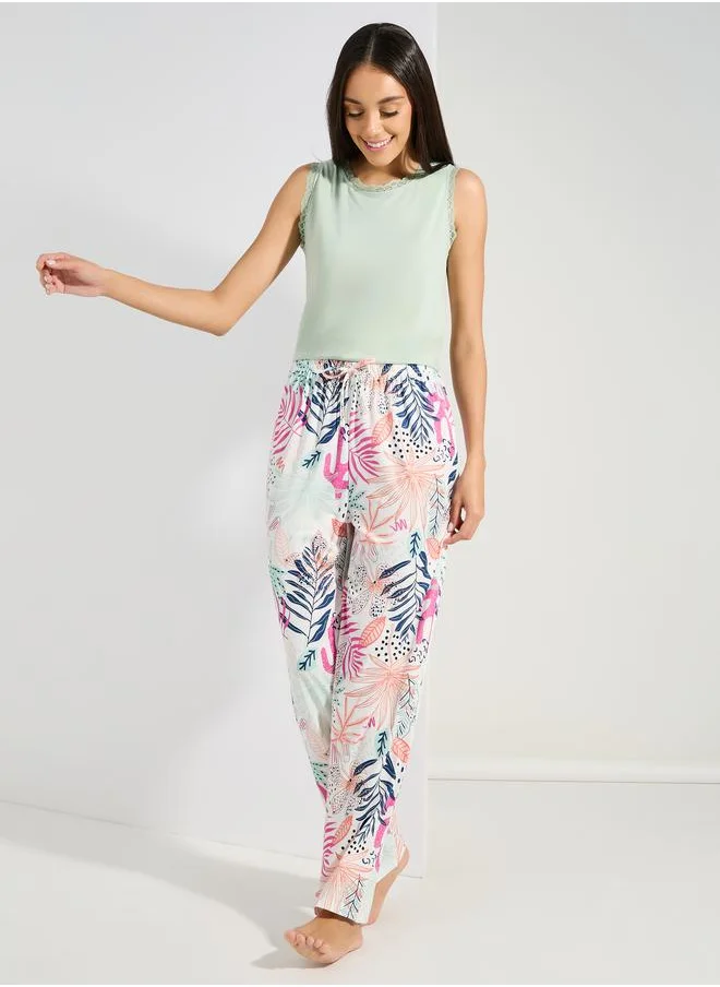 Styli Lace Trim Vest & Tropical Print Pyjama Set