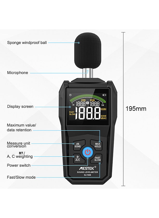 30-130dB Noise Meter Display Color Backlit Display Fast Slow Sampling Rate Capacitive Microphone Sound Level Monitor